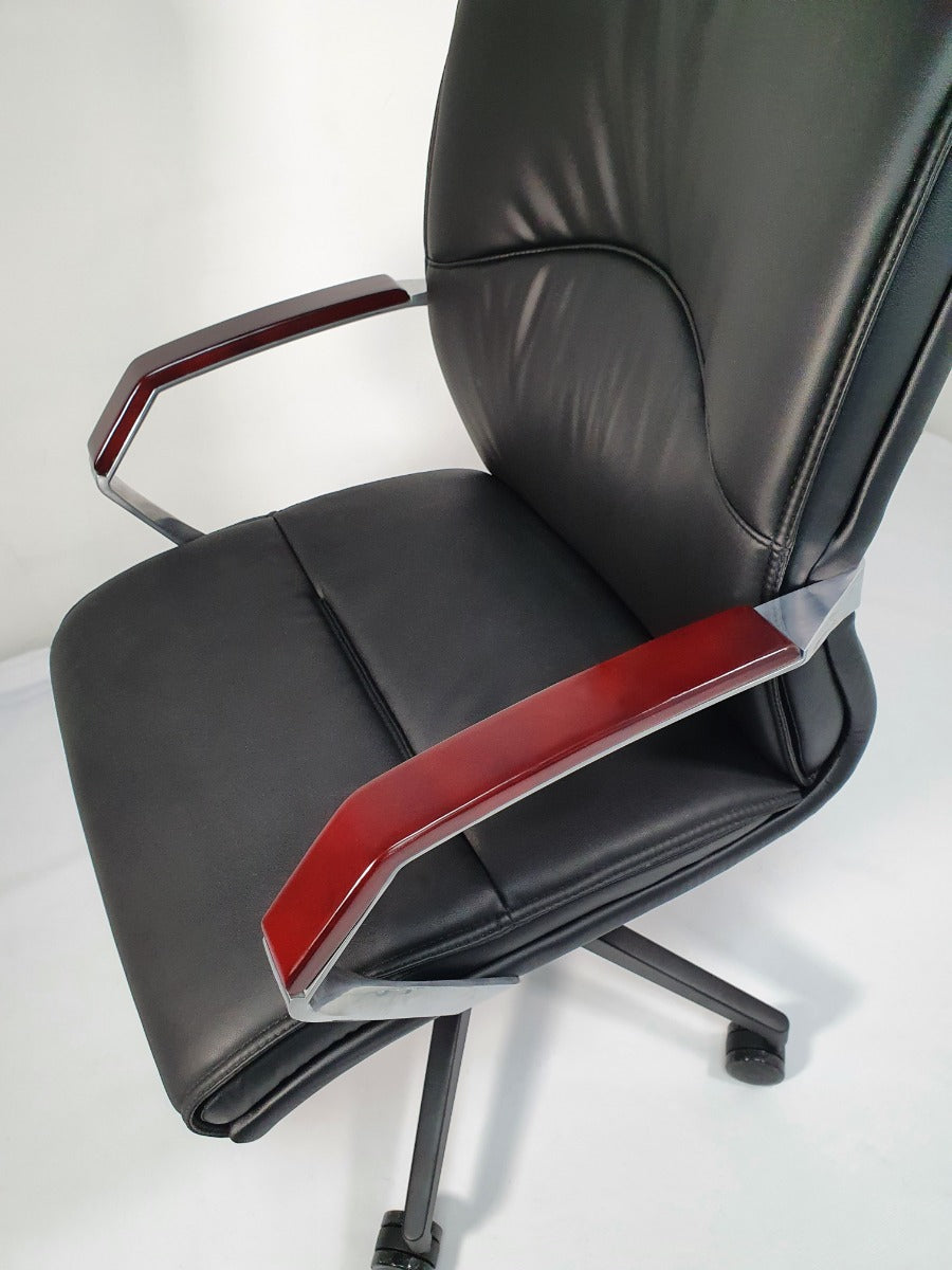 Slim Black Leather Office with Wood Arms - YS818